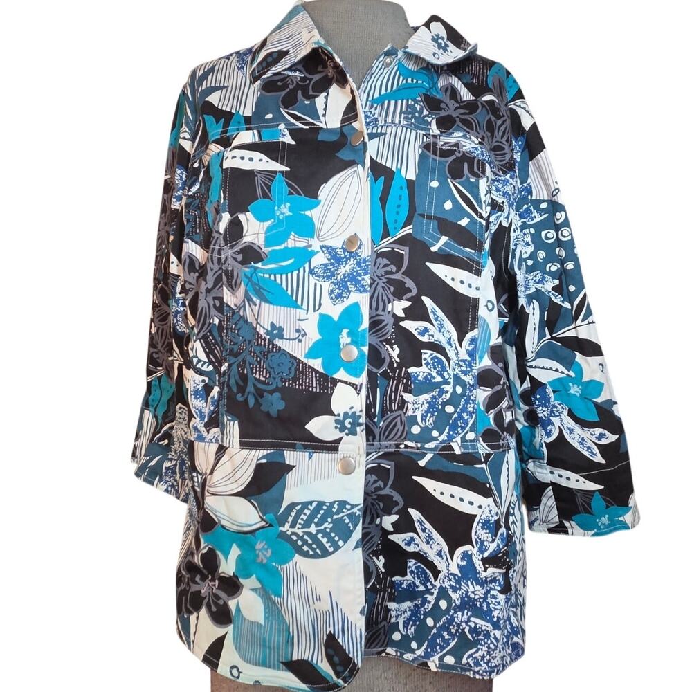 Cotton Blend Snap Front Blue Floral Blazer Jacket Size Large 0